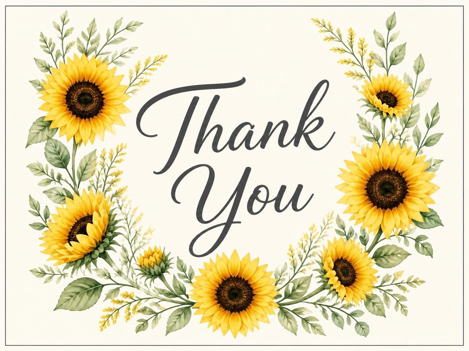 The matching thank-you card for the Watercolor Sunflower Charcoal Monogram Birthday invitation