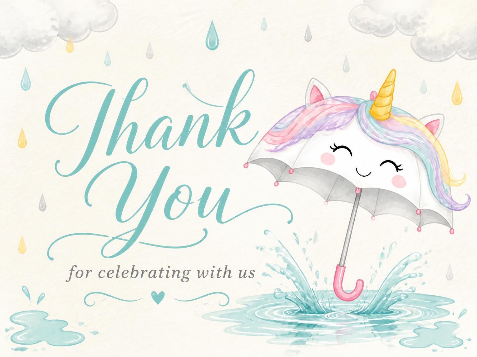 The matching thank-you card for the Watercolor Unicorn Umbrella 5th Birthday Invitation invitation