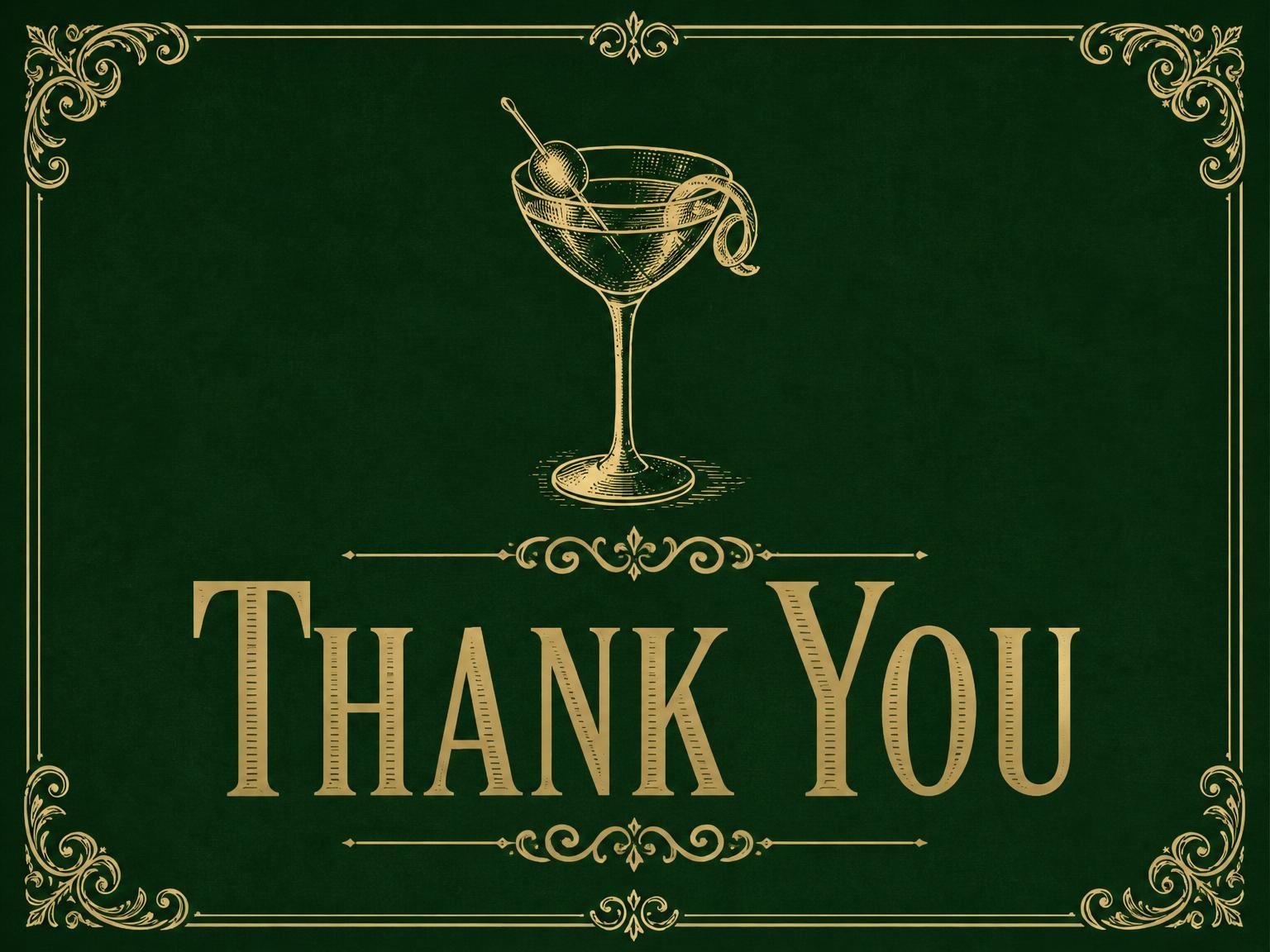 The matching thank-you card for the Forest Green Gold Martini 60th Birthday invitation