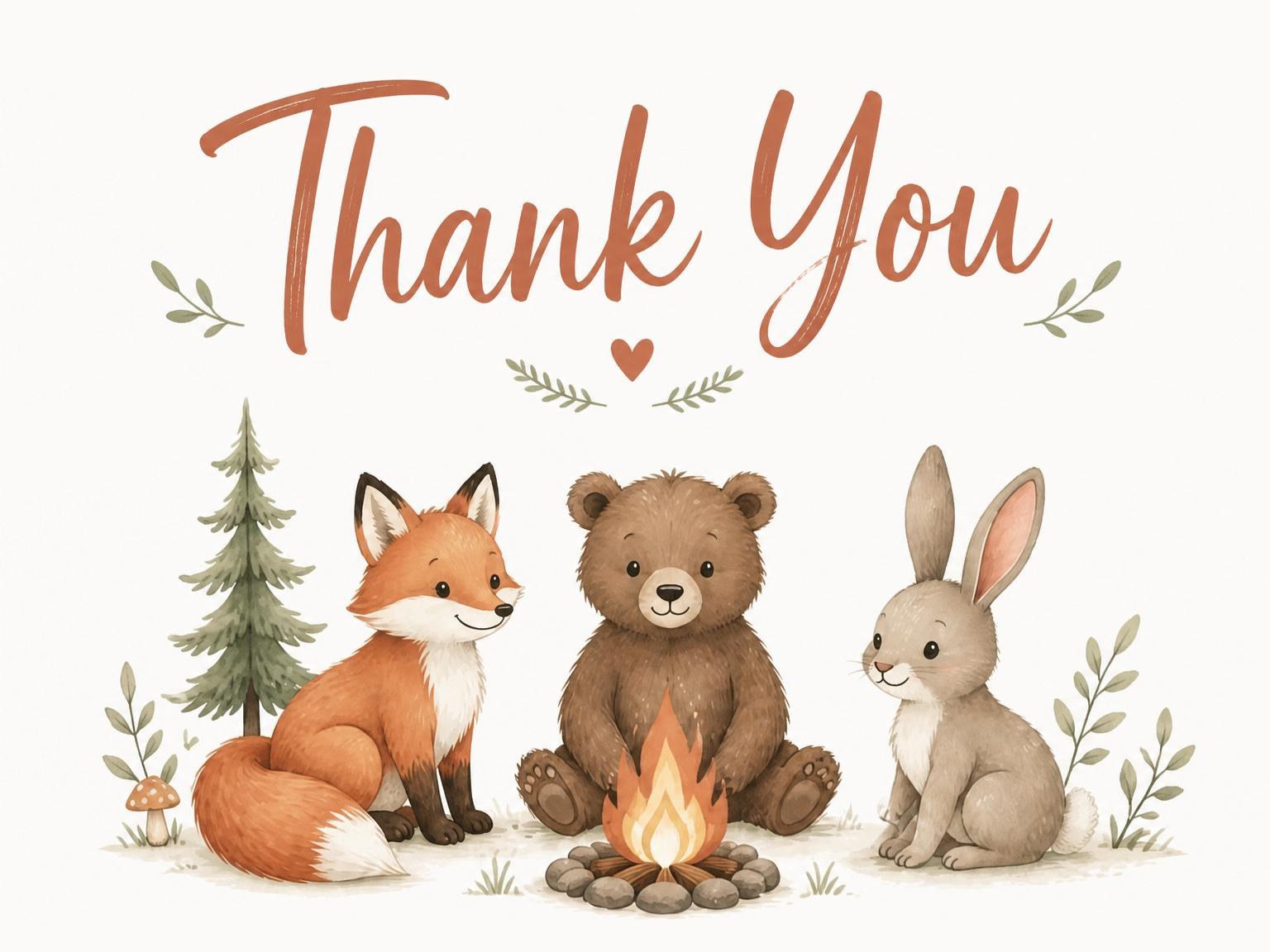 The matching thank-you card for the Watercolor Woodland Animal Campfire 5th Birthday invitation