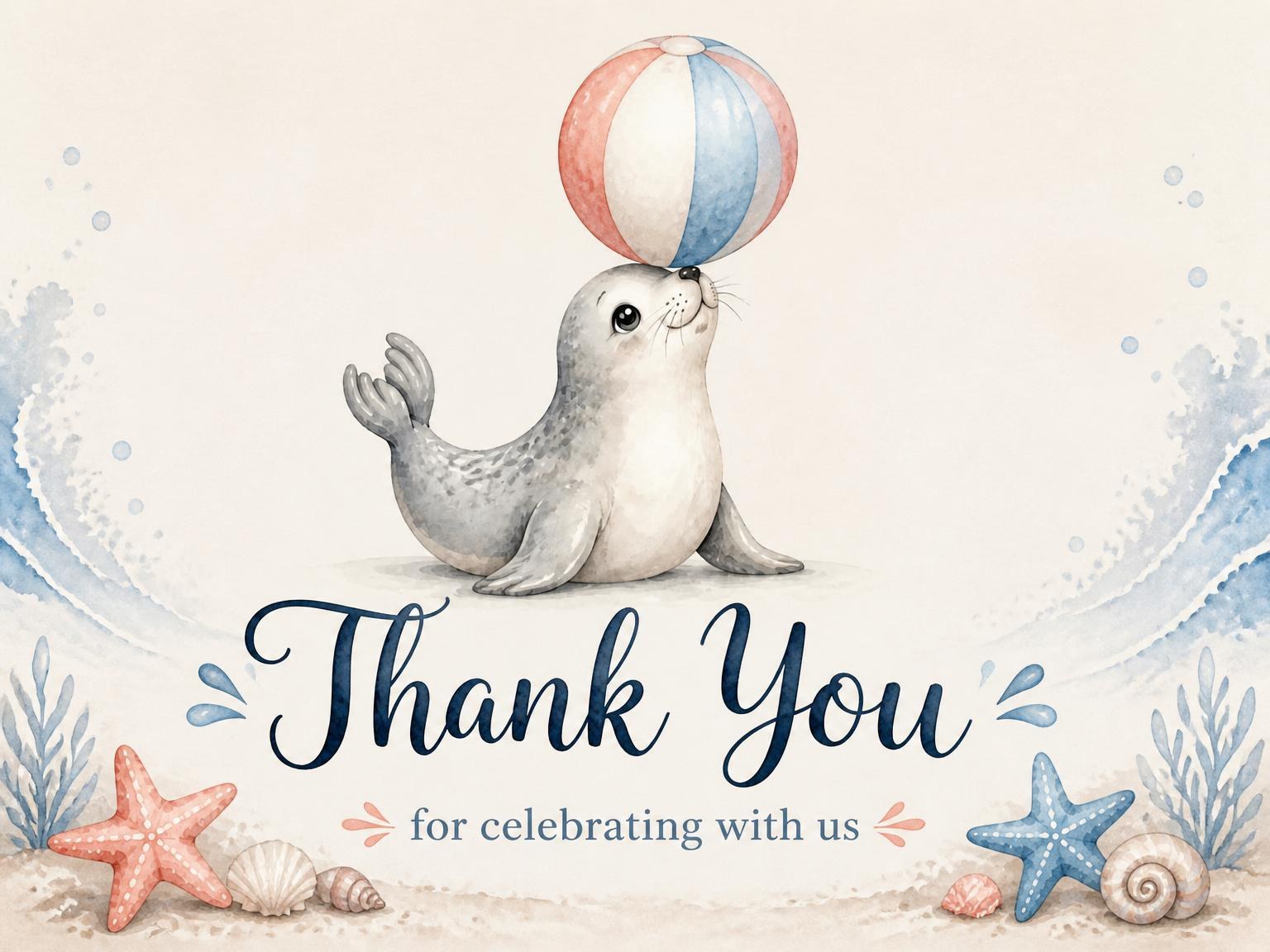 The matching thank-you card for the Watercolor Seal Beach 1st Birthday invitation