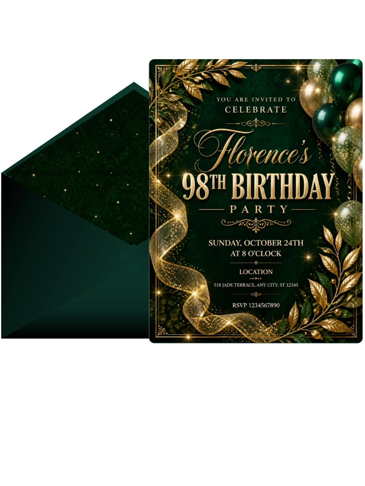 Emerald and Champagne 98th Birthday Invitation