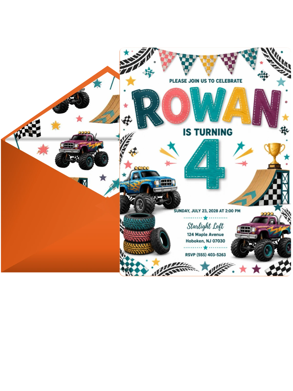 Stitched Monster Truck 4th Birthday Invitation