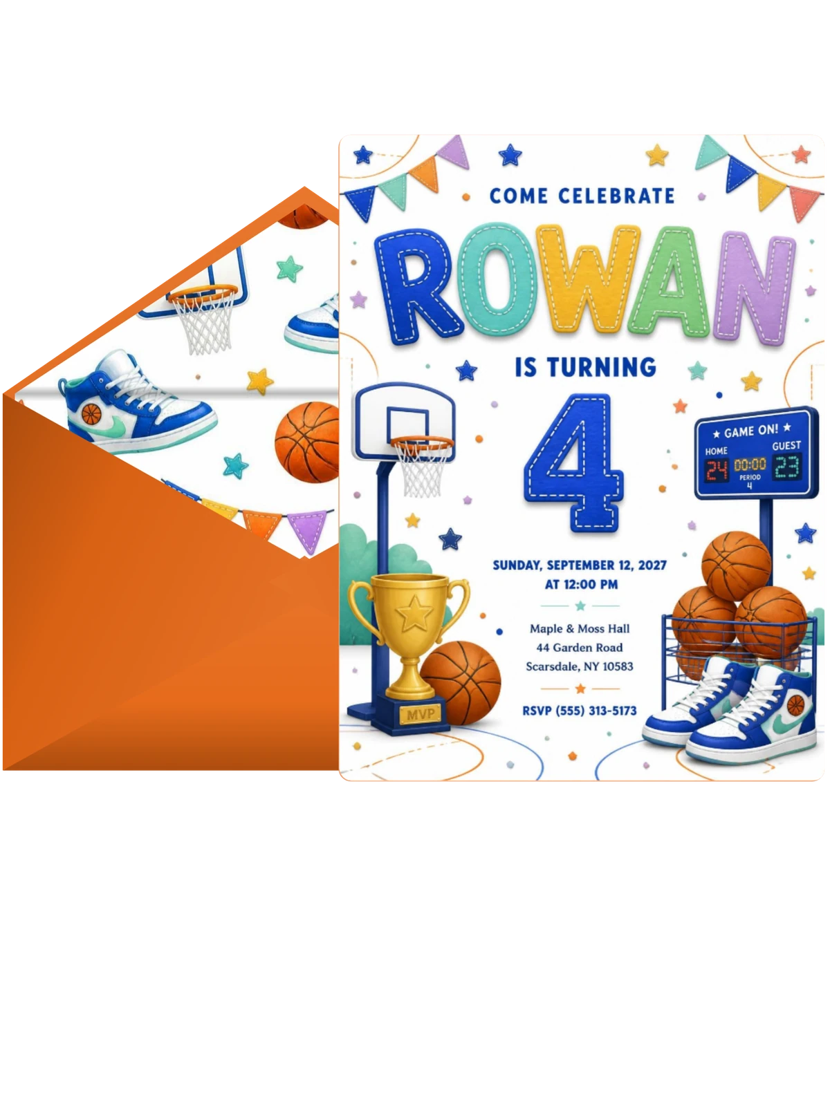 Stitched Basketball 4th Birthday Invitation