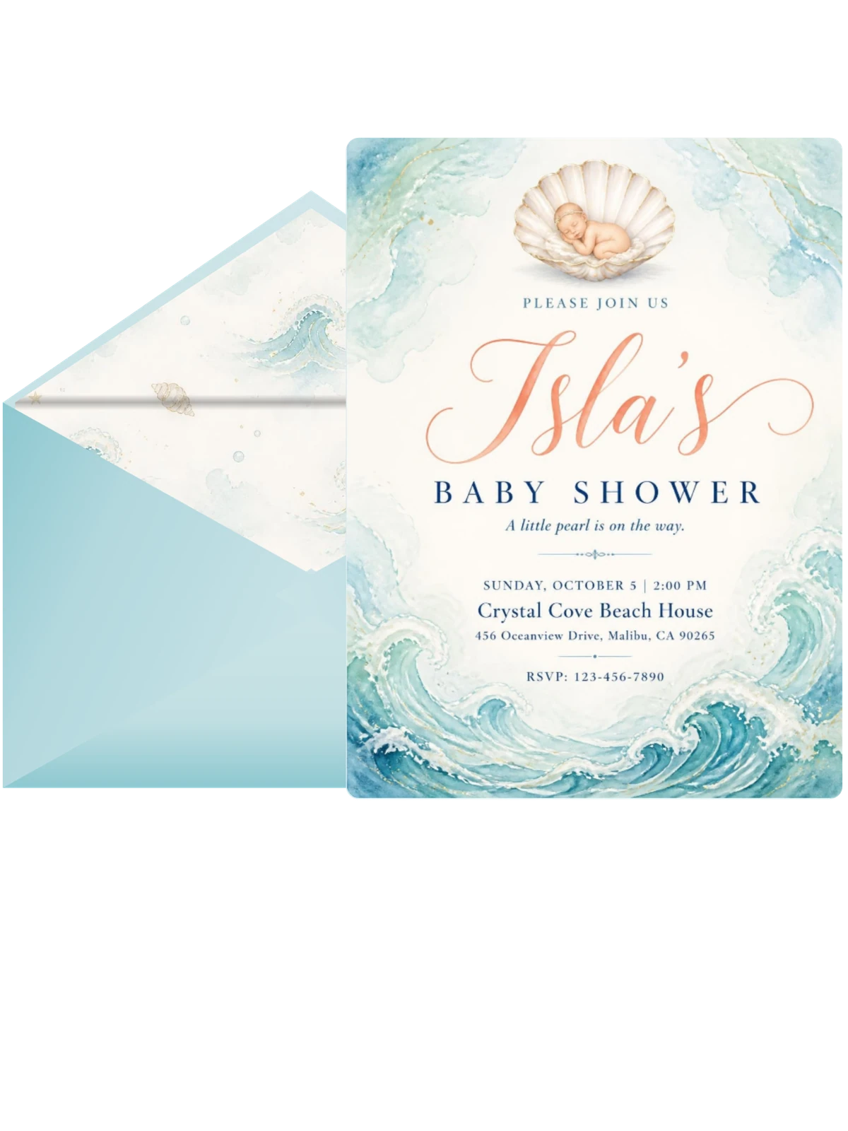 Teal Watercolor Pearl Baby Shower