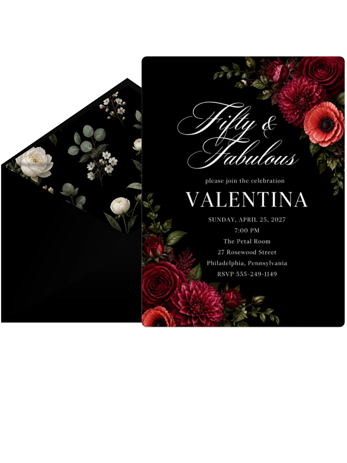 Black Floral 50th Birthday Invitation