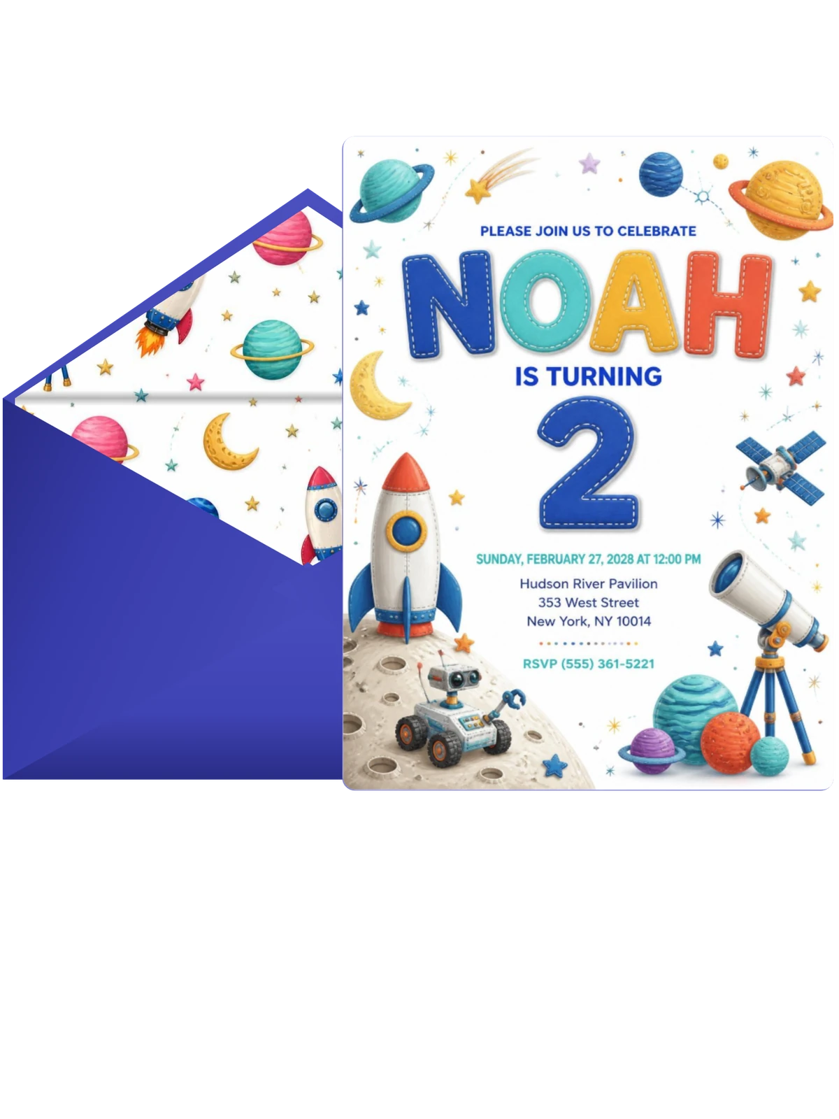 Stitched Space 2nd Birthday Invitation