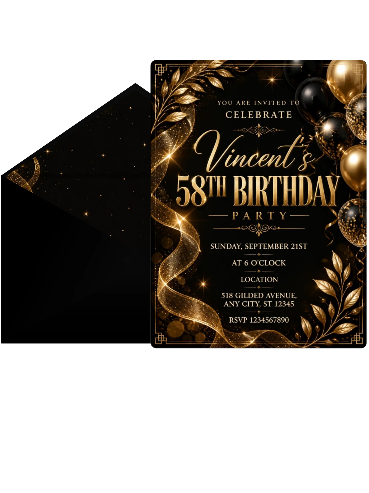 Black and Gold 58th Birthday Invitation