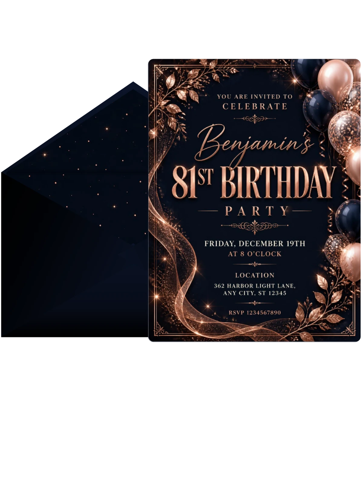 Navy and Rose Gold 81st Birthday Invitation