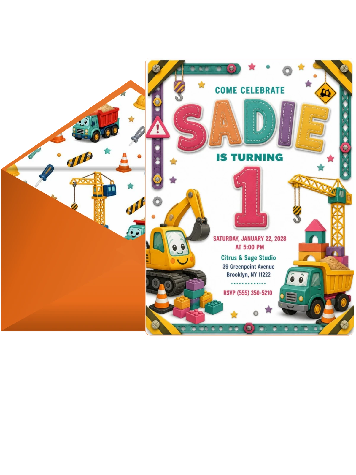 Stitched Construction 1st Birthday Invitation