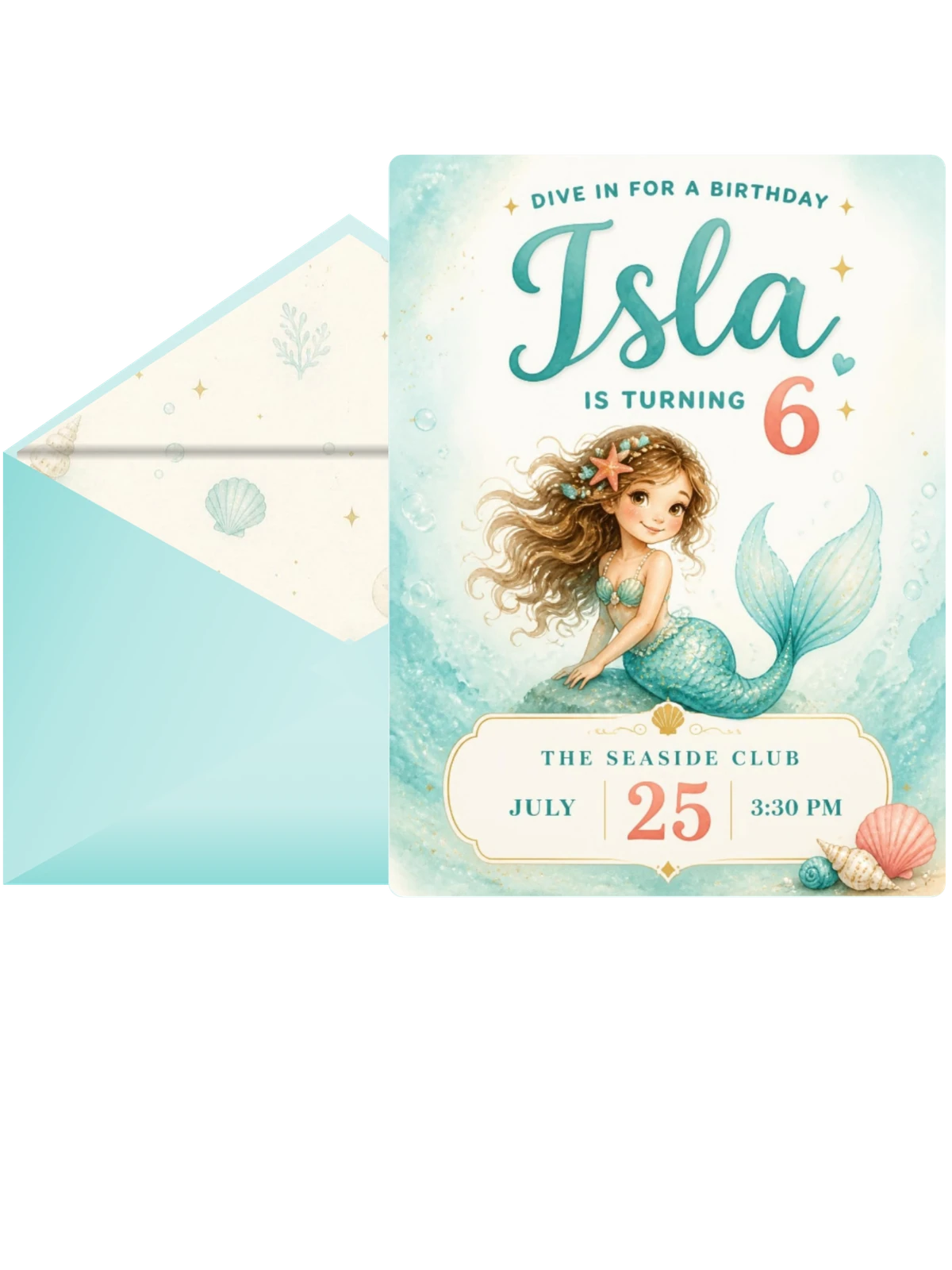 Watercolor Mermaid Teal 6th Birthday Invitation