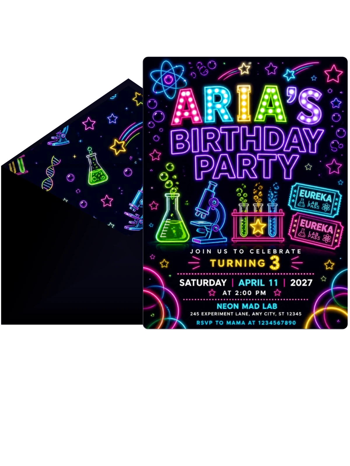Neon Science Lab 3rd Birthday Invitation