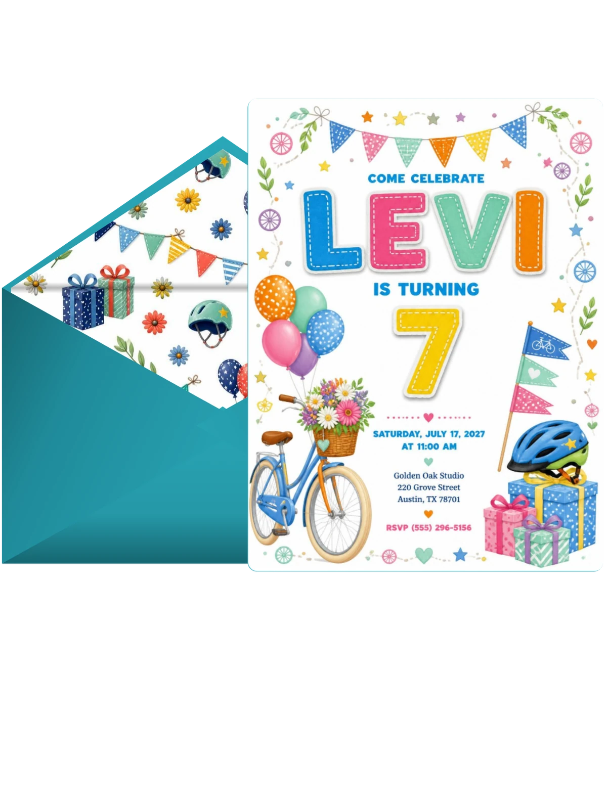 Stitched Bike Ride 7th Birthday Invitation
