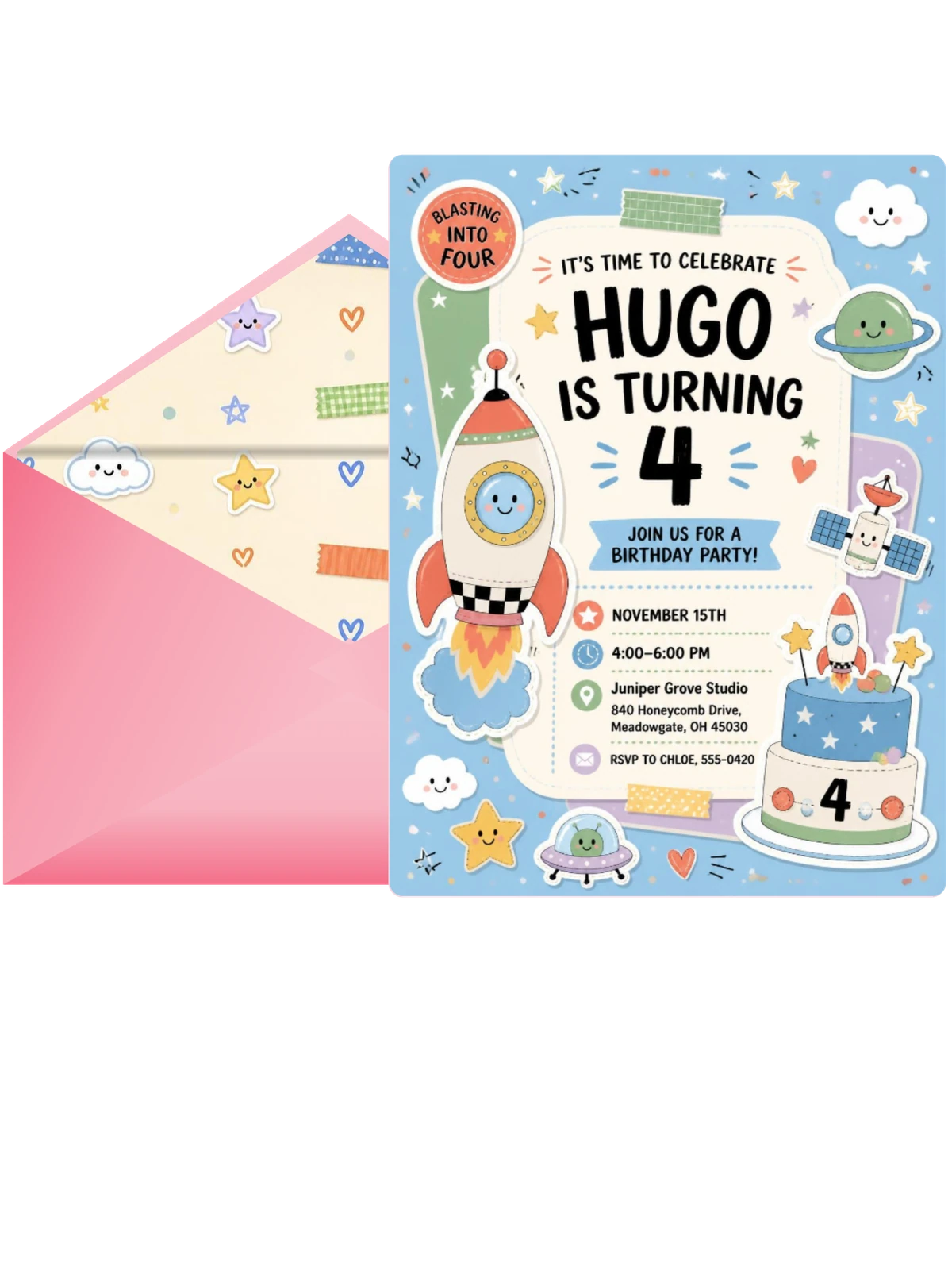Spaceship Rocket Pastel 4th Birthday Invitation