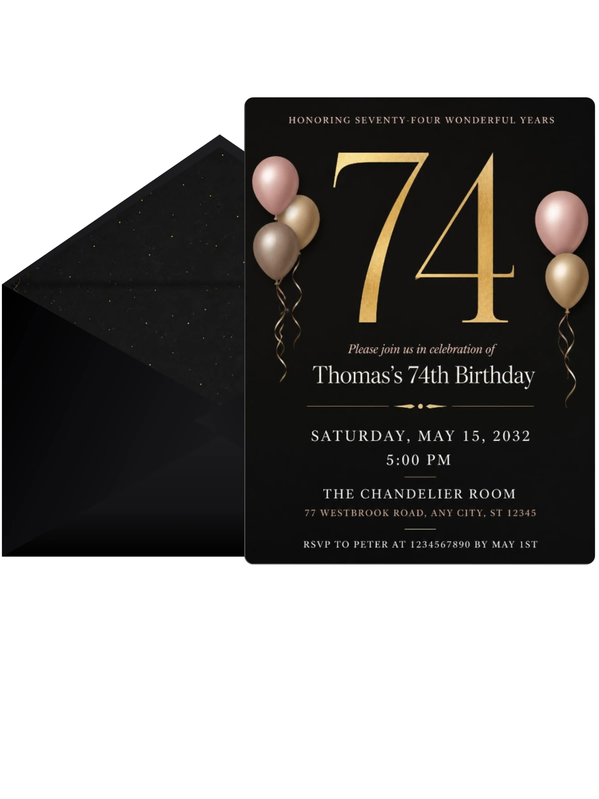 Charcoal and Blush 74th Birthday Invitation