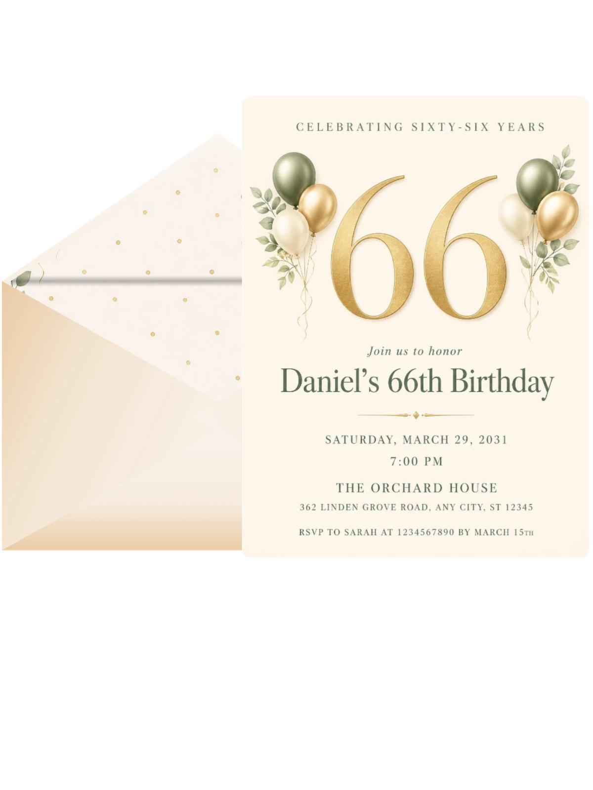 Sage and Ivory 66th Birthday Invitation