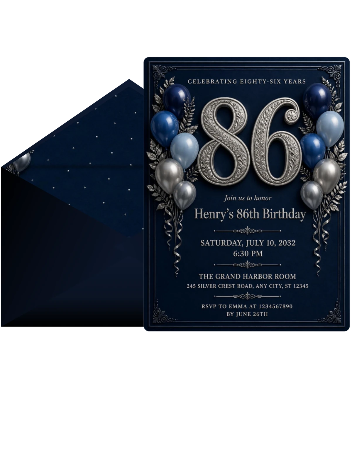Navy and Silver 86th Birthday Invitation