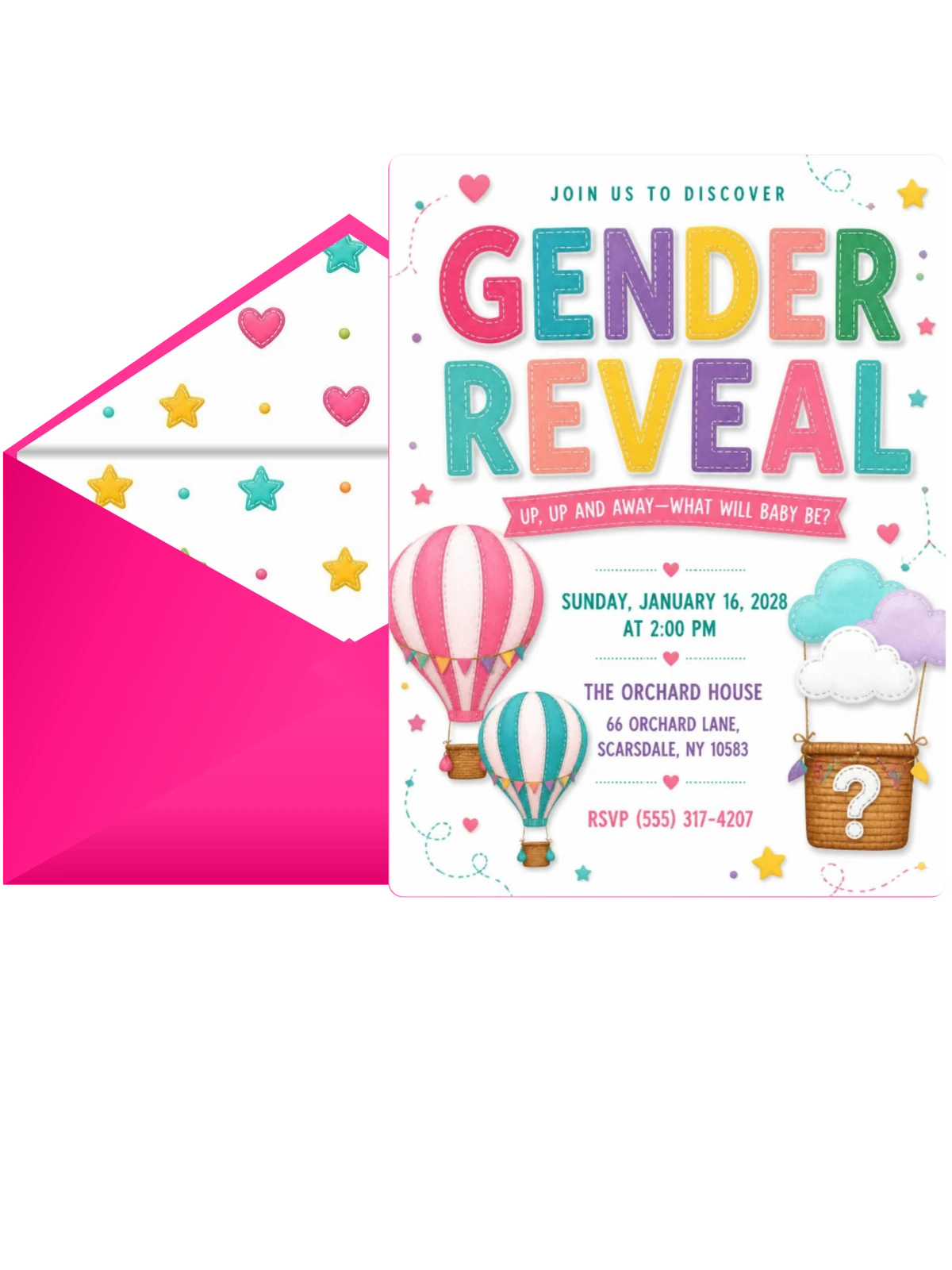 Pink Hot Air Balloon Gender Reveal Invitation