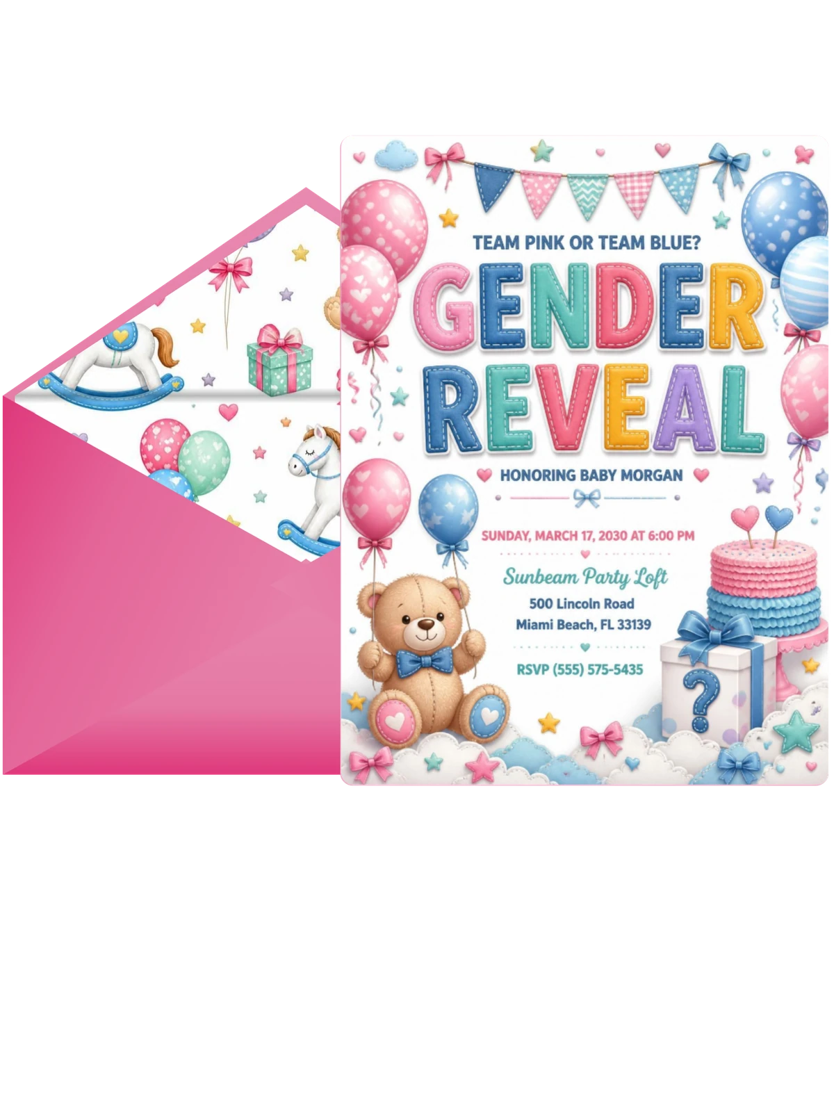 Stitched Teddy Bear Gender Reveal Invitation