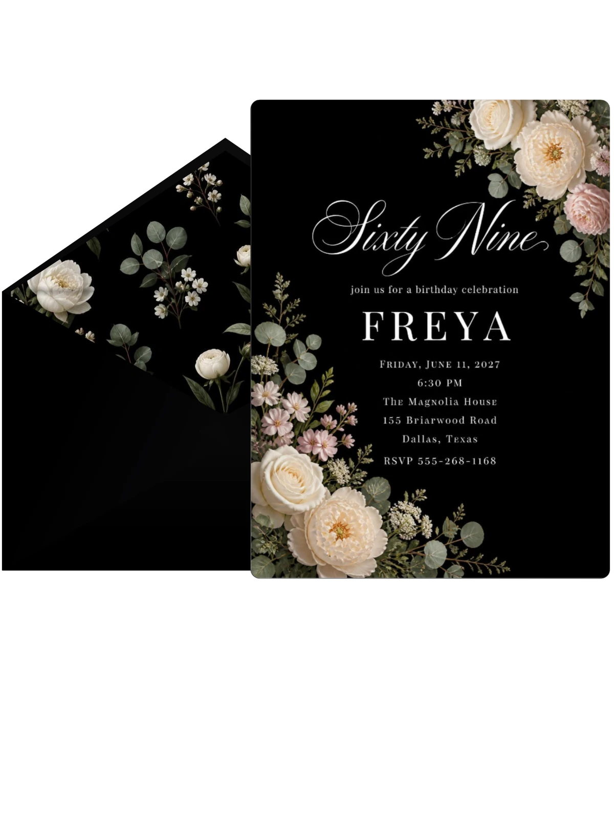 Black Floral 69th Birthday Invitation