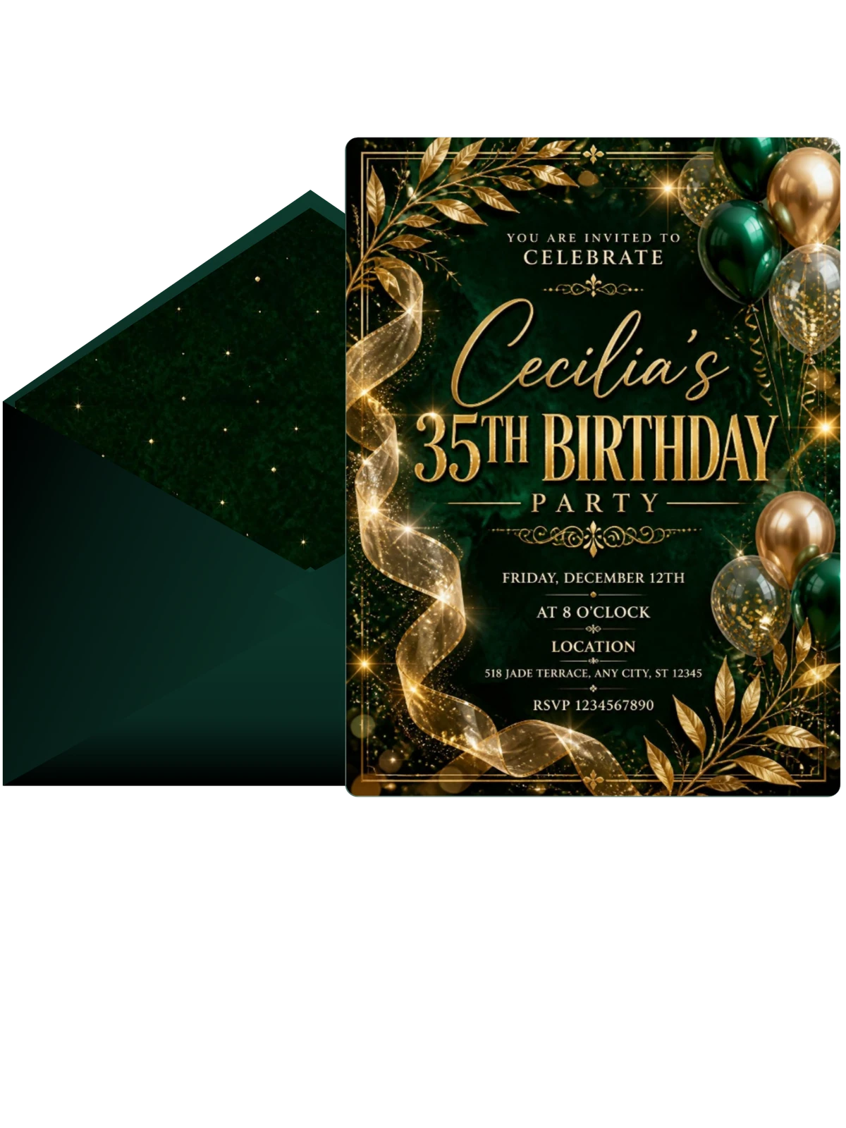 Emerald and Champagne 35th Birthday Invitation