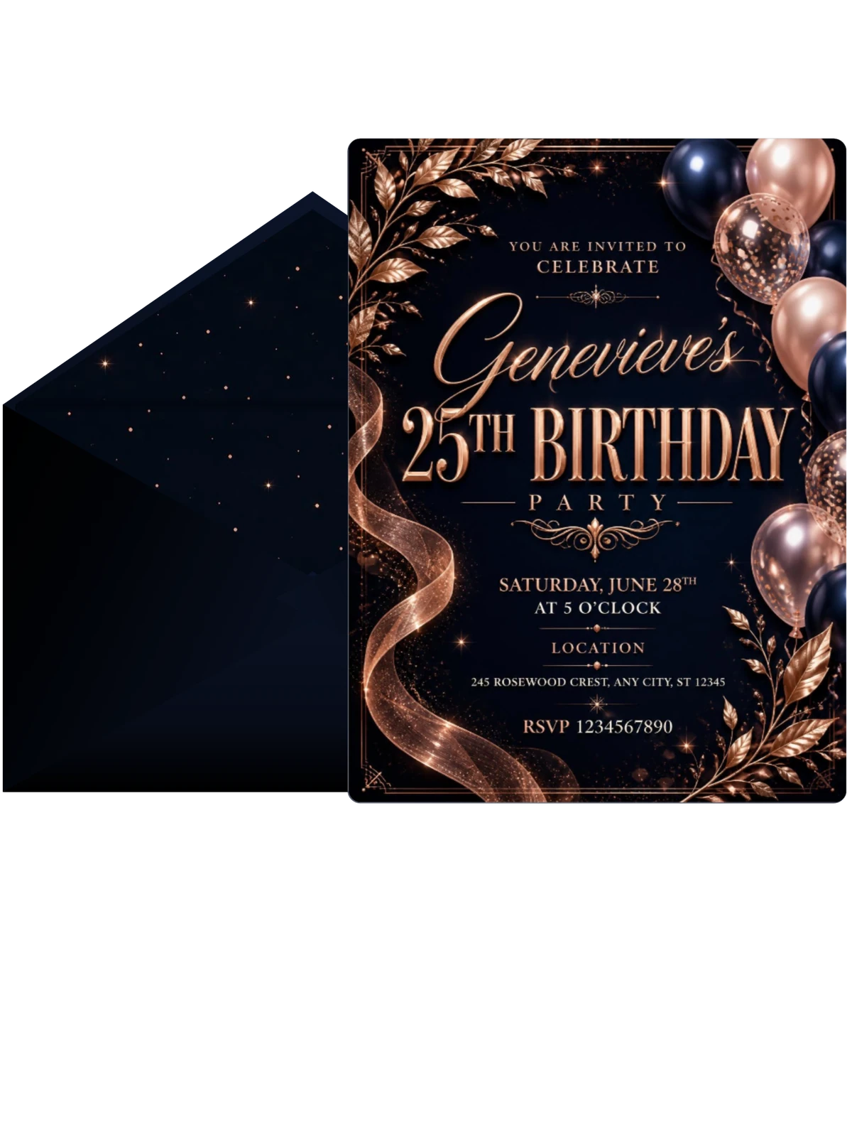 Navy and Rose Gold 25th Birthday Invitation