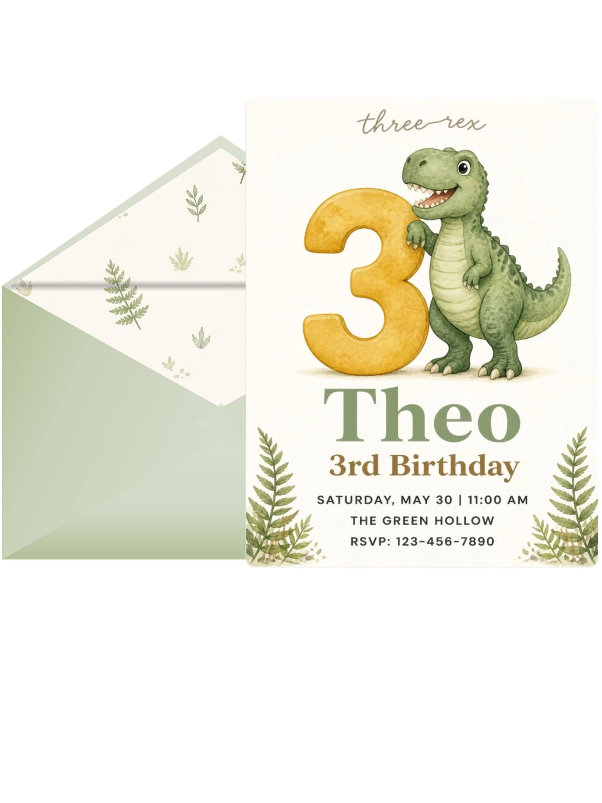 Watercolor T-Rex 3rd Birthday Invitation