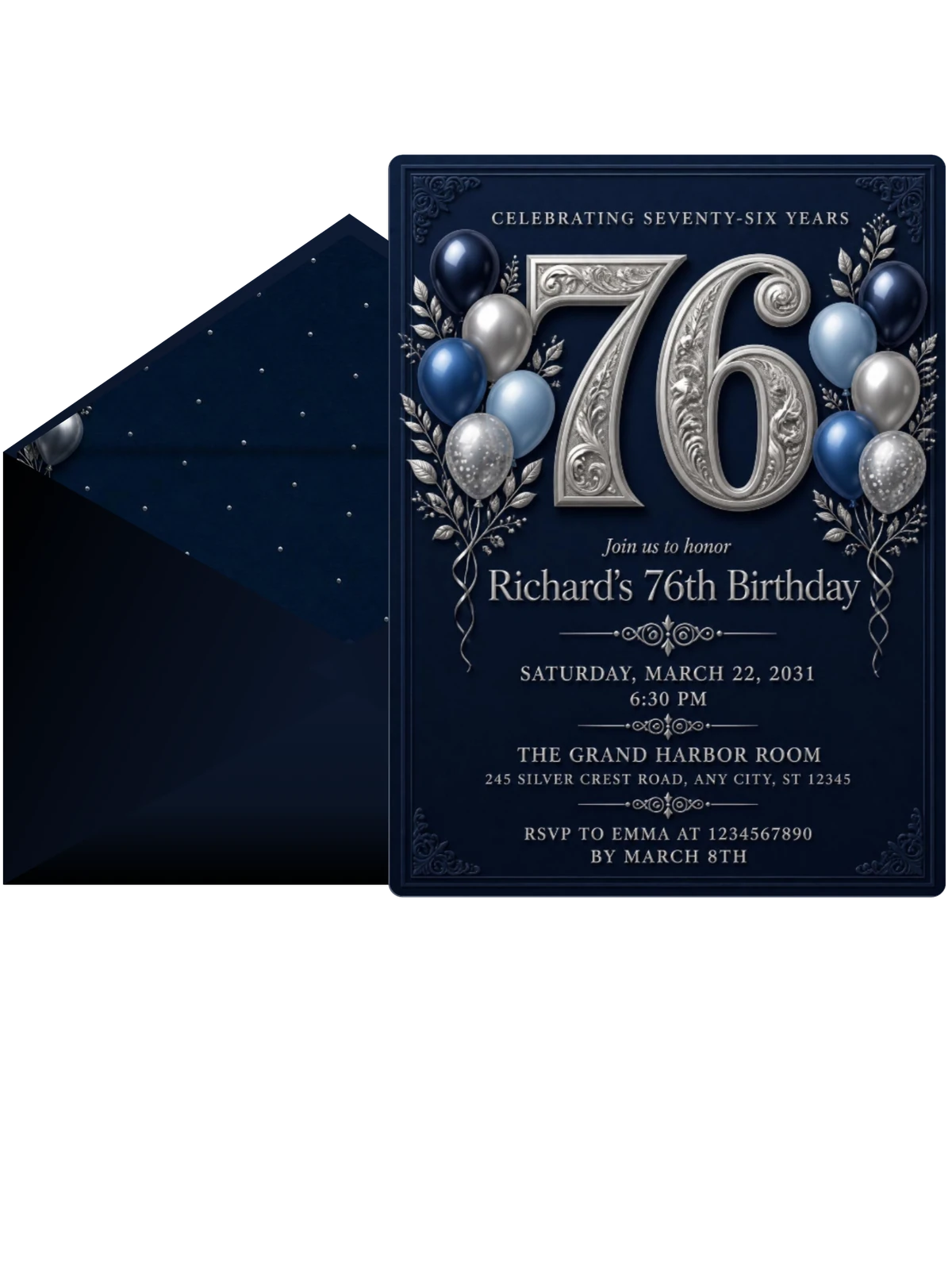 Navy and Silver 76th Birthday Invitation