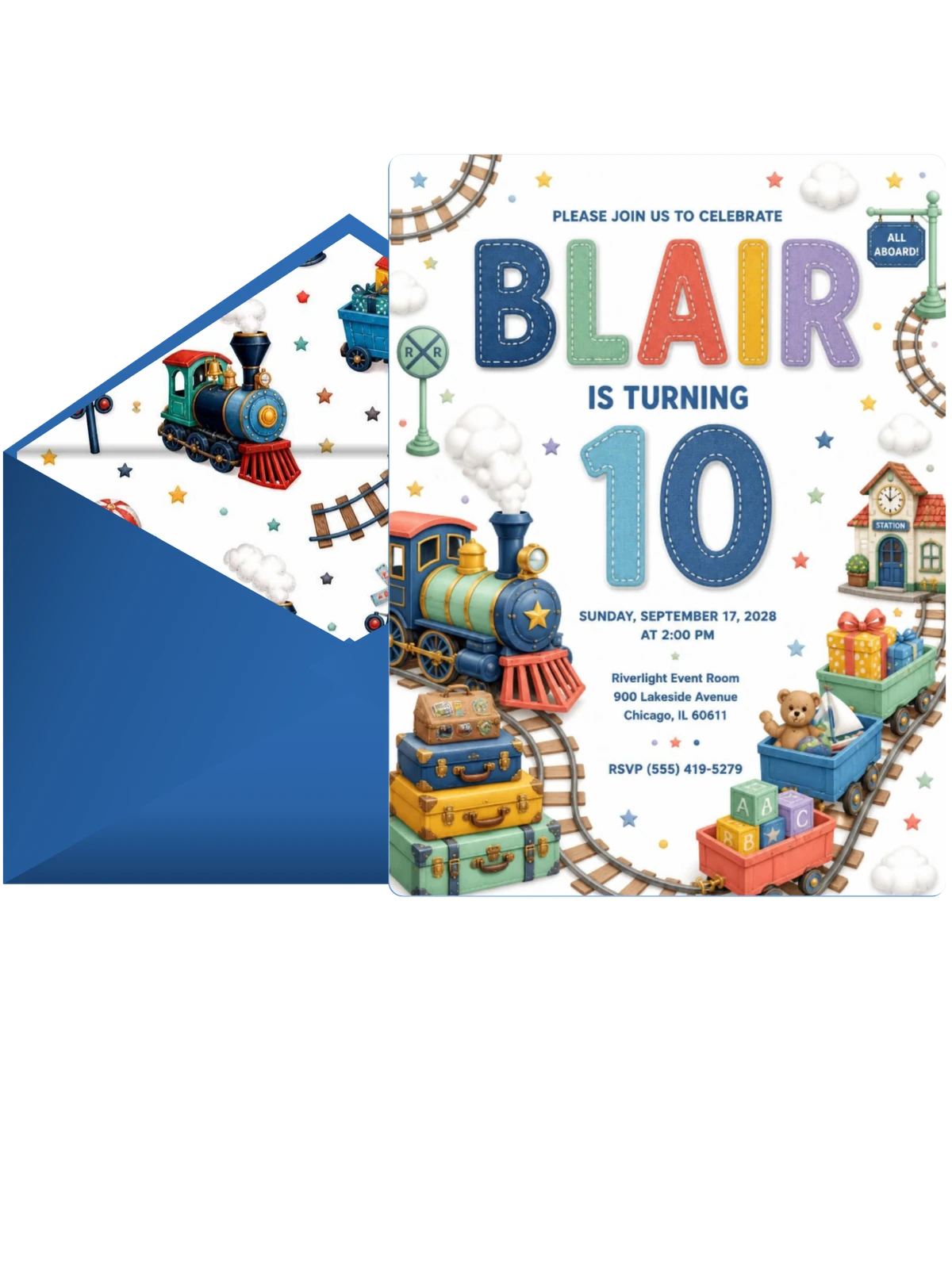 Stitched Train 10th Birthday Invitation