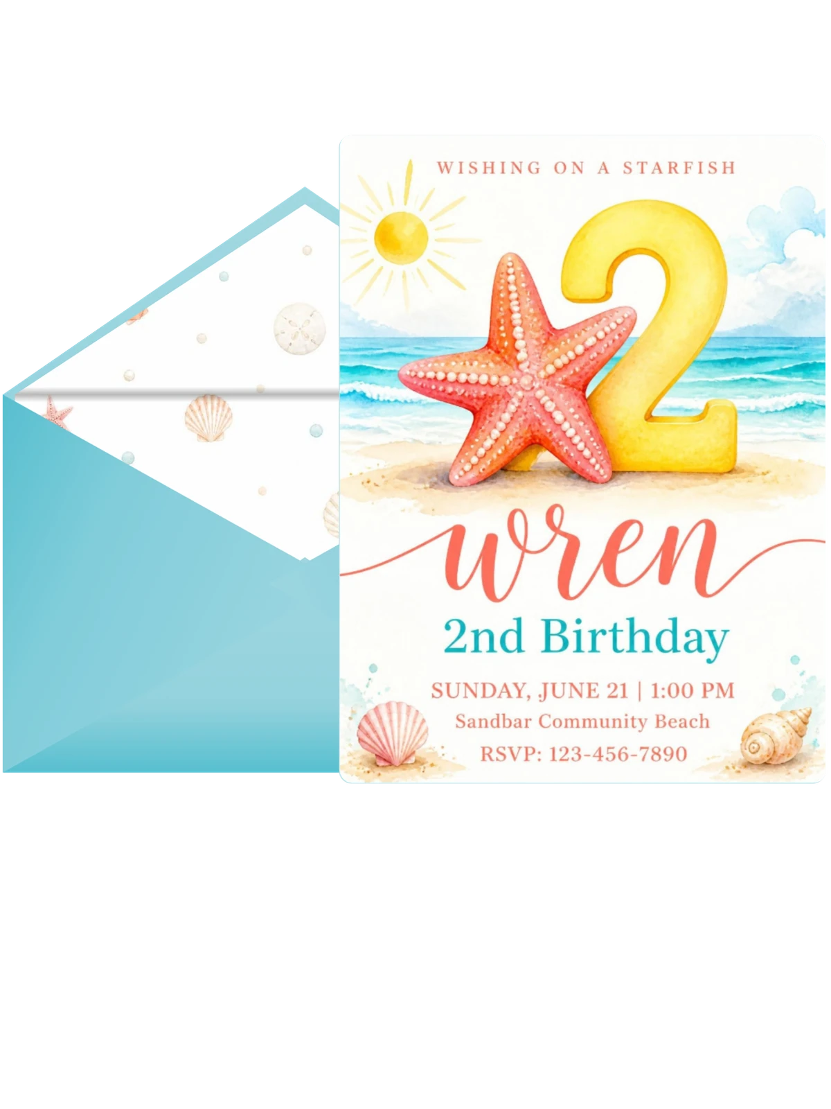 Watercolor Starfish Beach Second Birthday