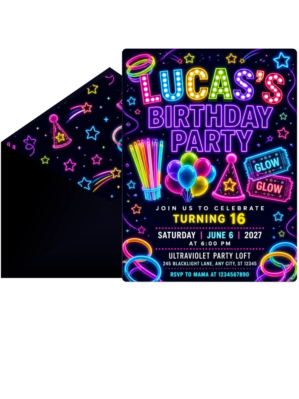 Neon Glow Party 16th Birthday Invitation