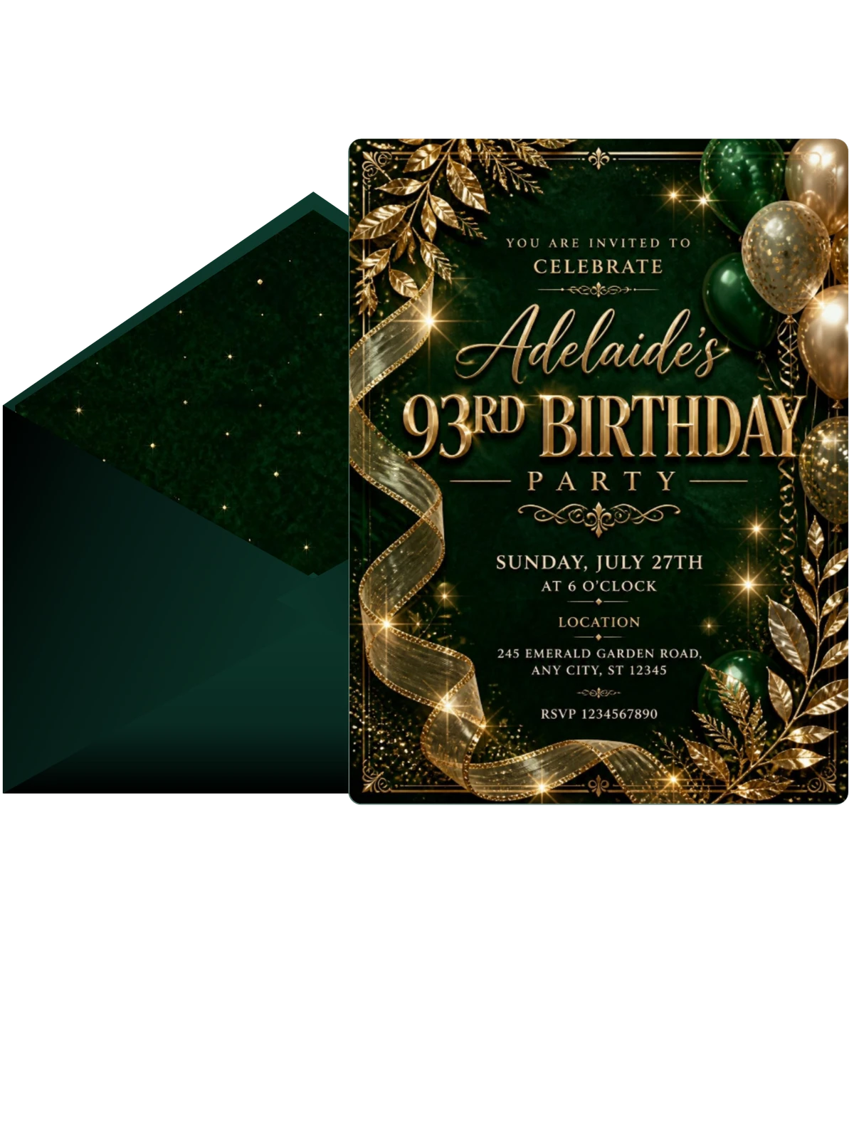 Emerald and Champagne 93rd Birthday Invitation