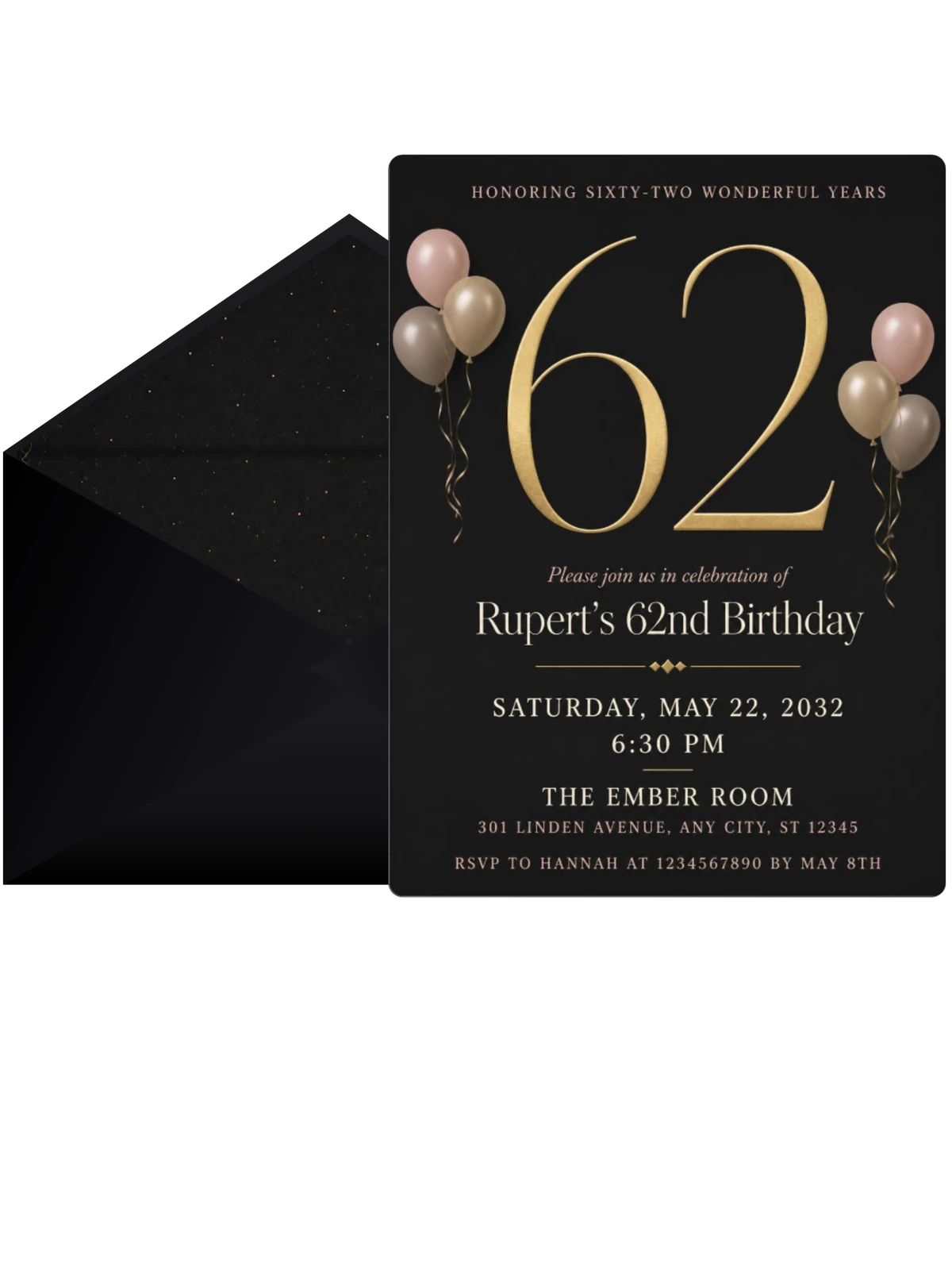 Charcoal and Blush 62nd Birthday Invitation