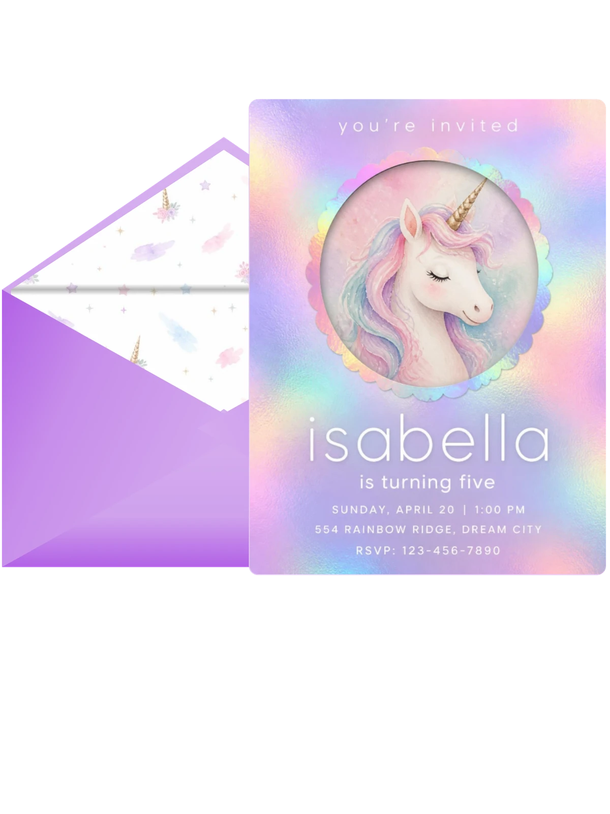 Holographic Unicorn 5th Birthday Invitation