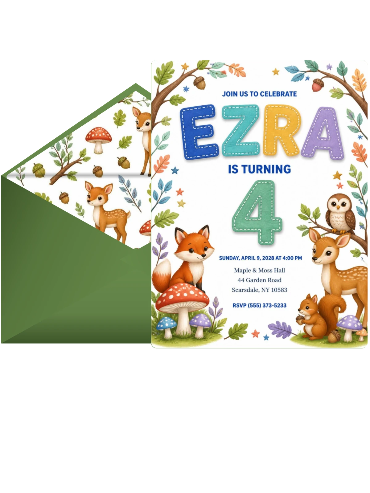 Stitched Woodland 4th Birthday Invitation