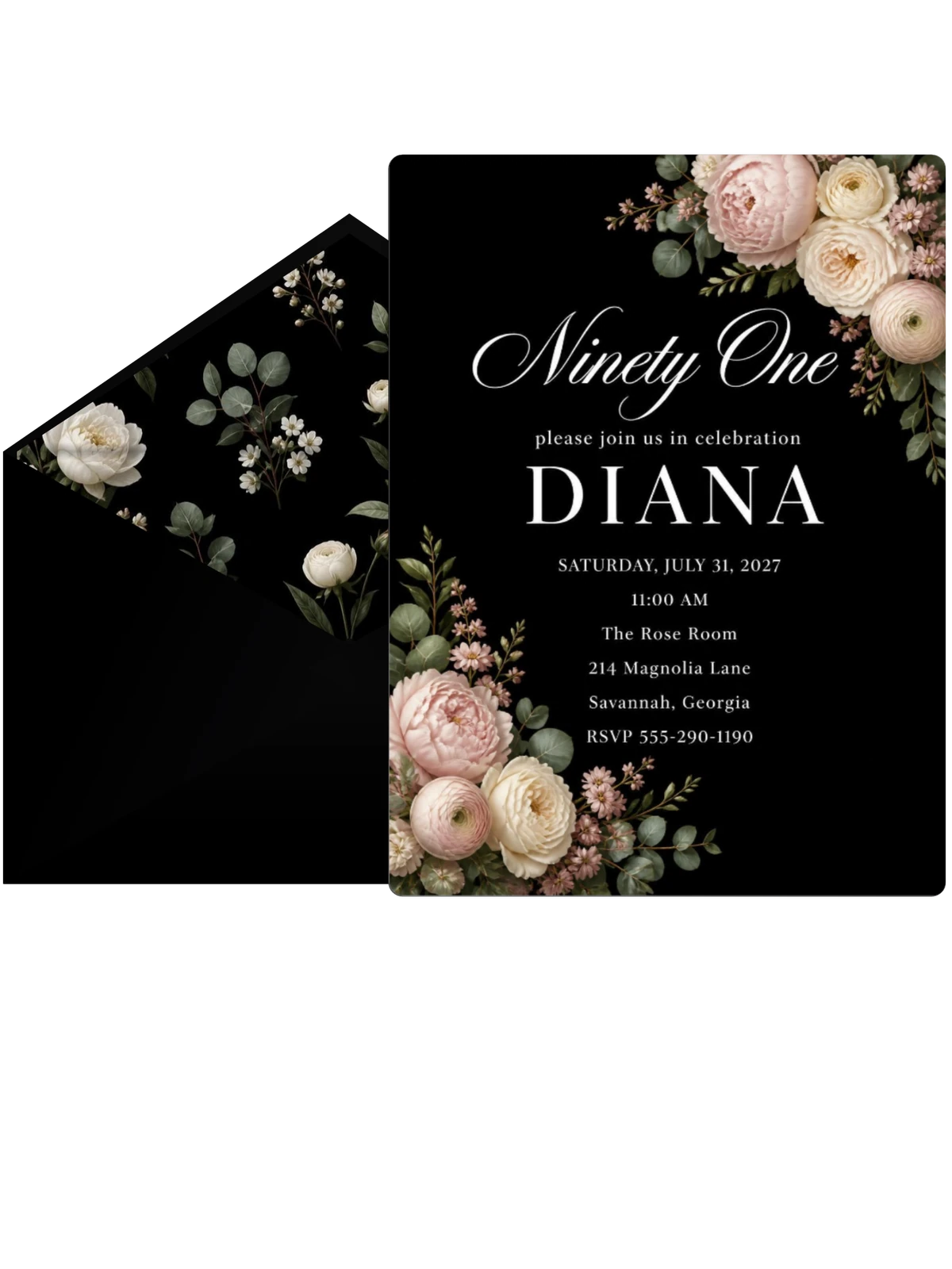 Black Floral 91st Birthday Invitation