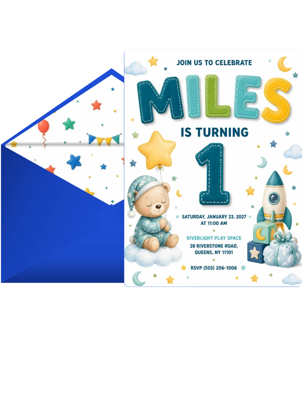 Crescent Moons Stitched 1st Birthday Invitation