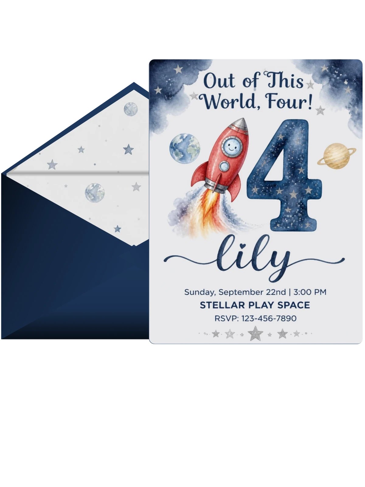Watercolor Rocket Space 4th Birthday