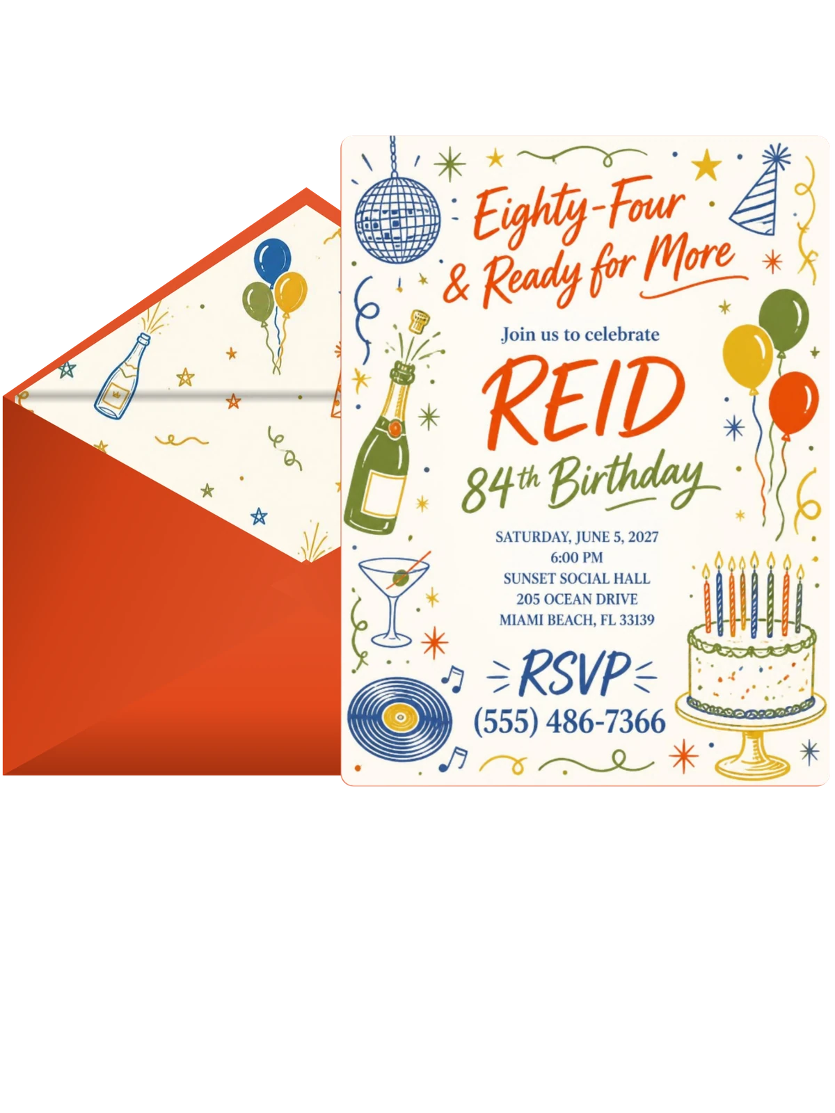 Retro Doodle 84th Birthday Invitation
