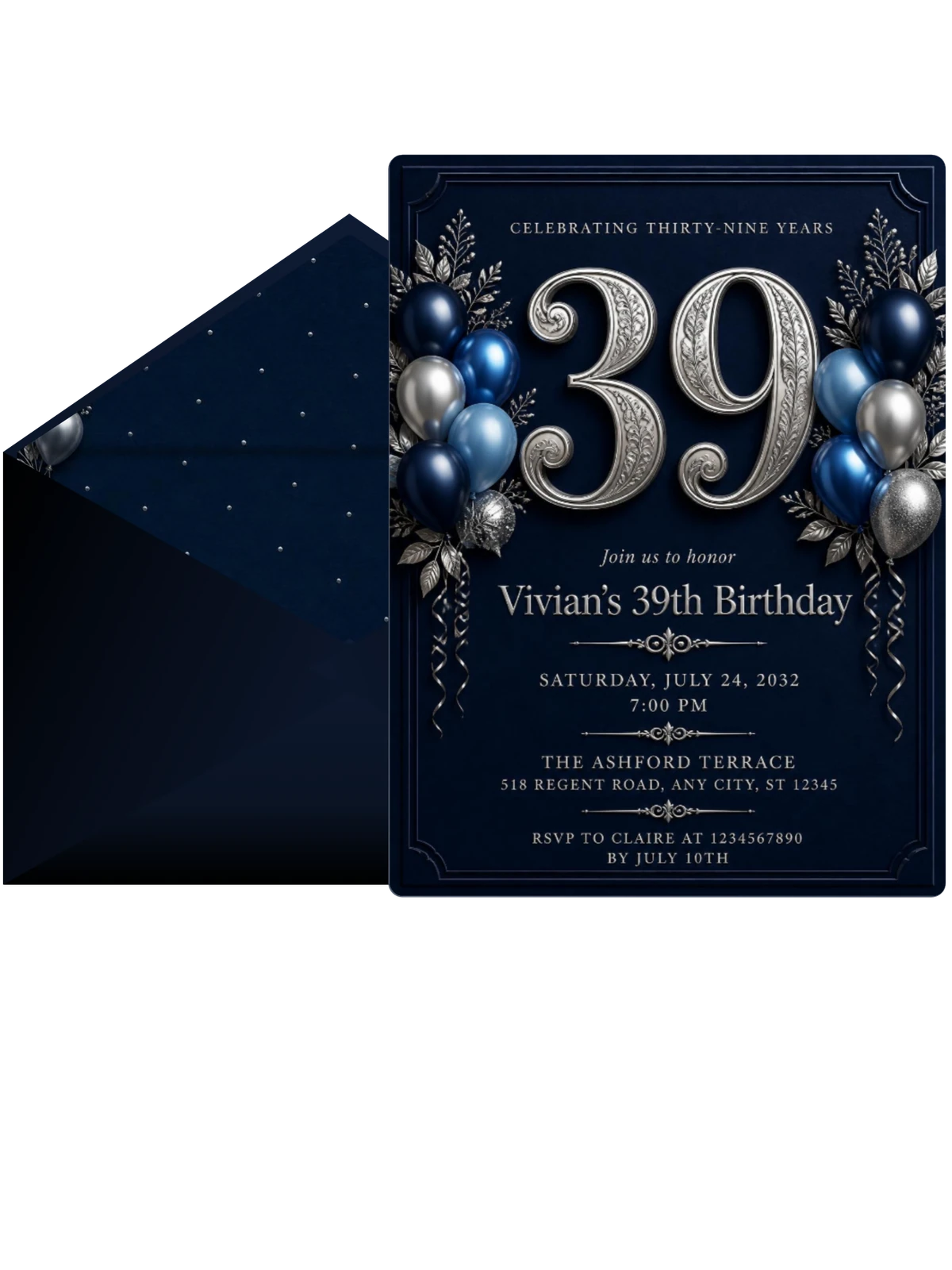 Navy and Silver 39th Birthday Invitation