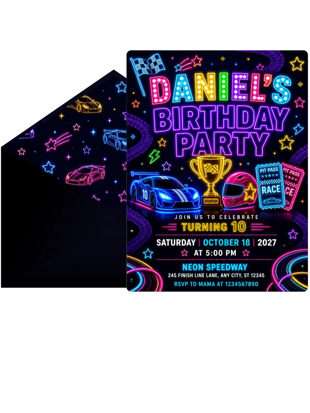 Neon Race Cars 10th Birthday Invitation