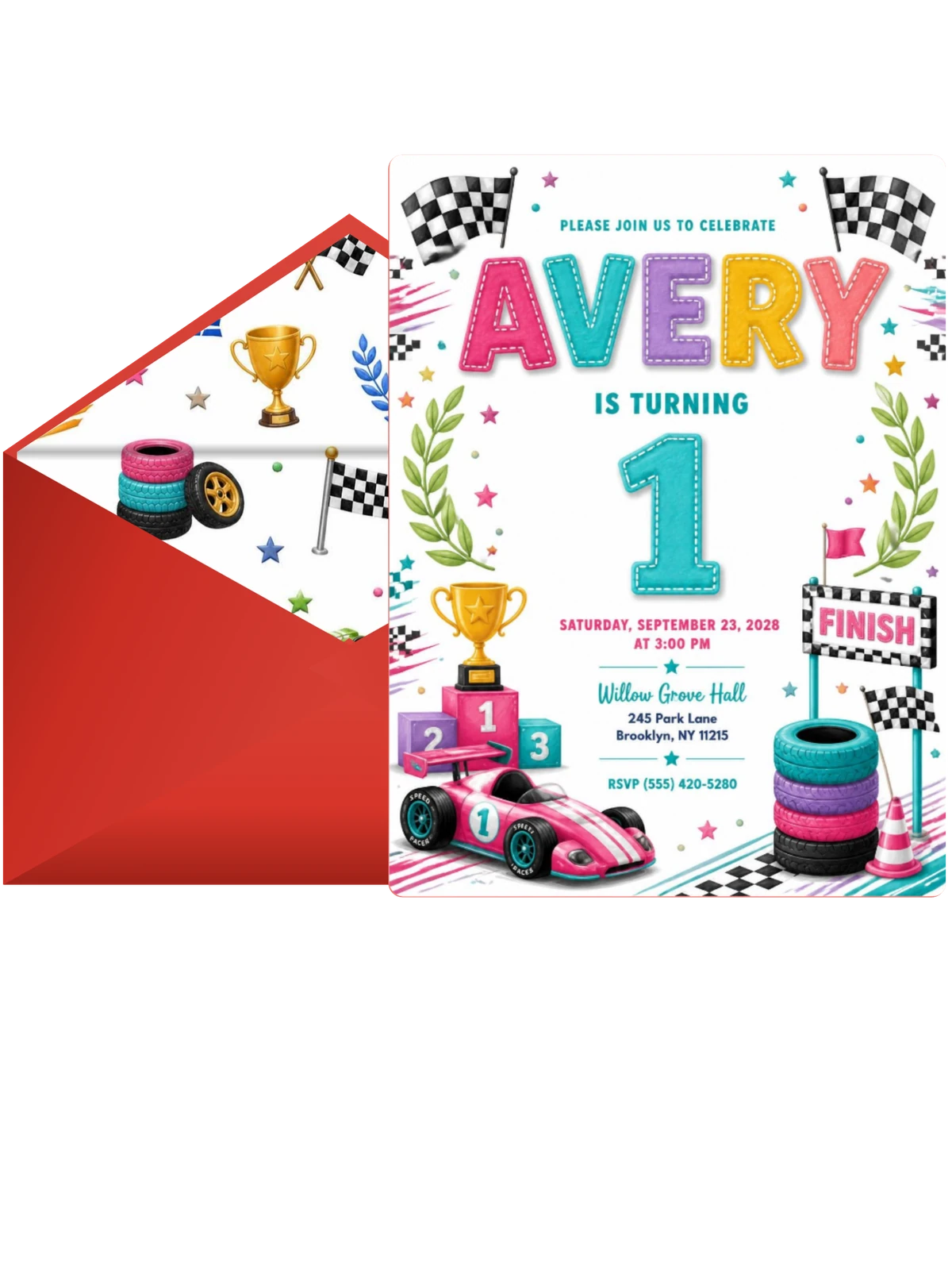 Stitched Race Car 1st Birthday Invitation