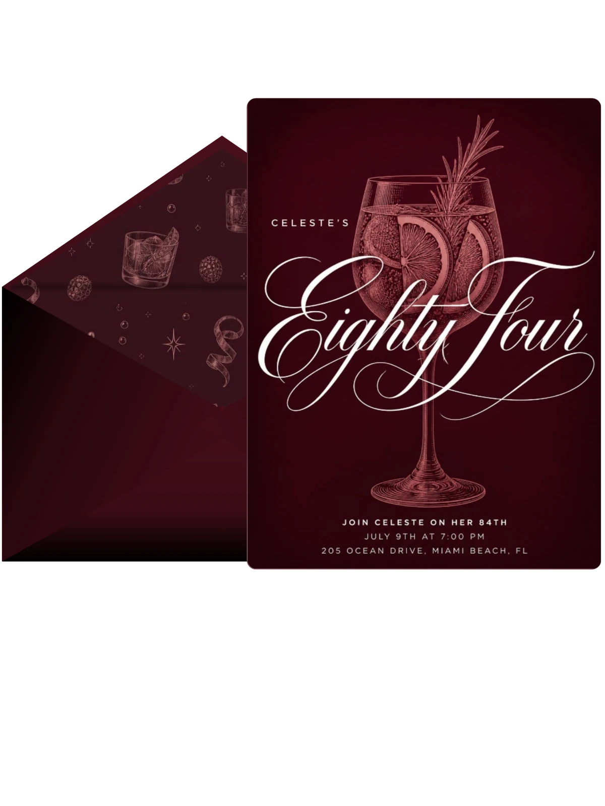 Burgundy Cocktail 84th Birthday Invitation