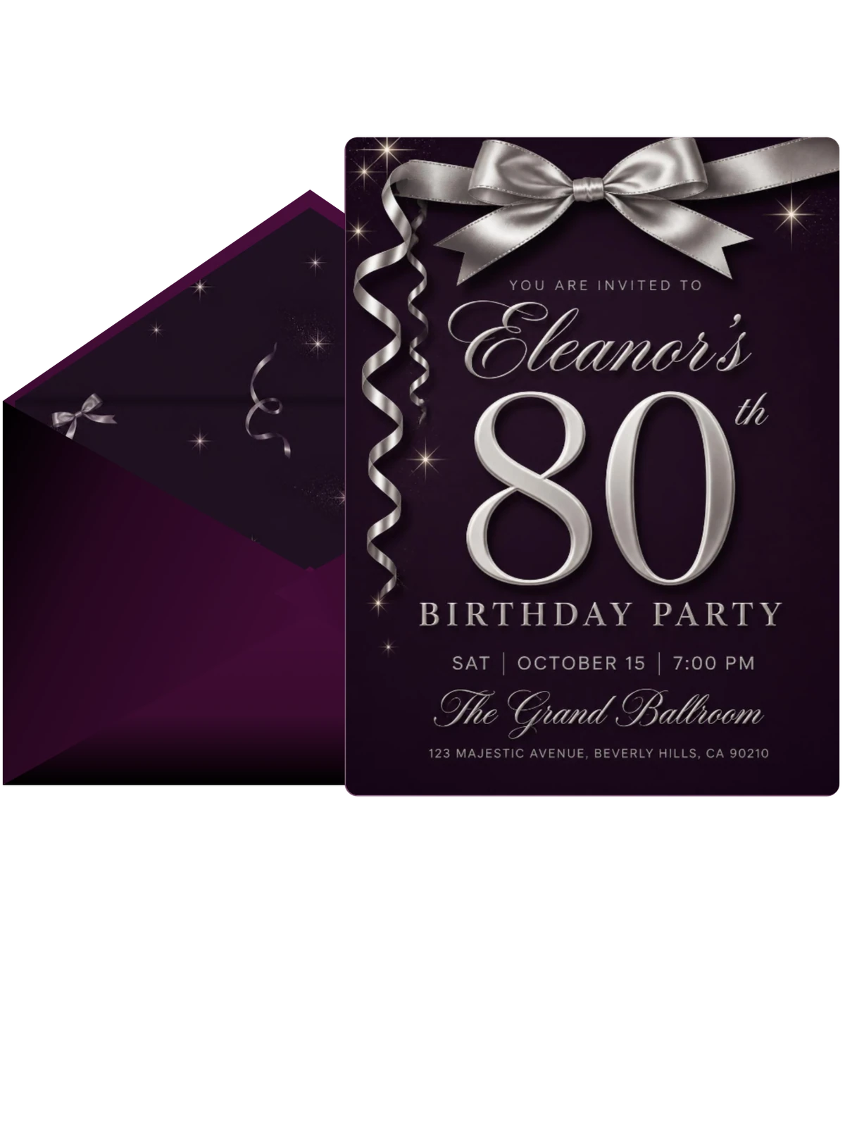 Dark Purple Silver Ribbon 80th Birthday