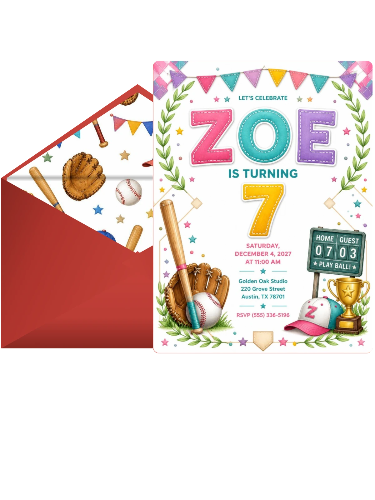 Stitched Baseball 7th Birthday Invitation