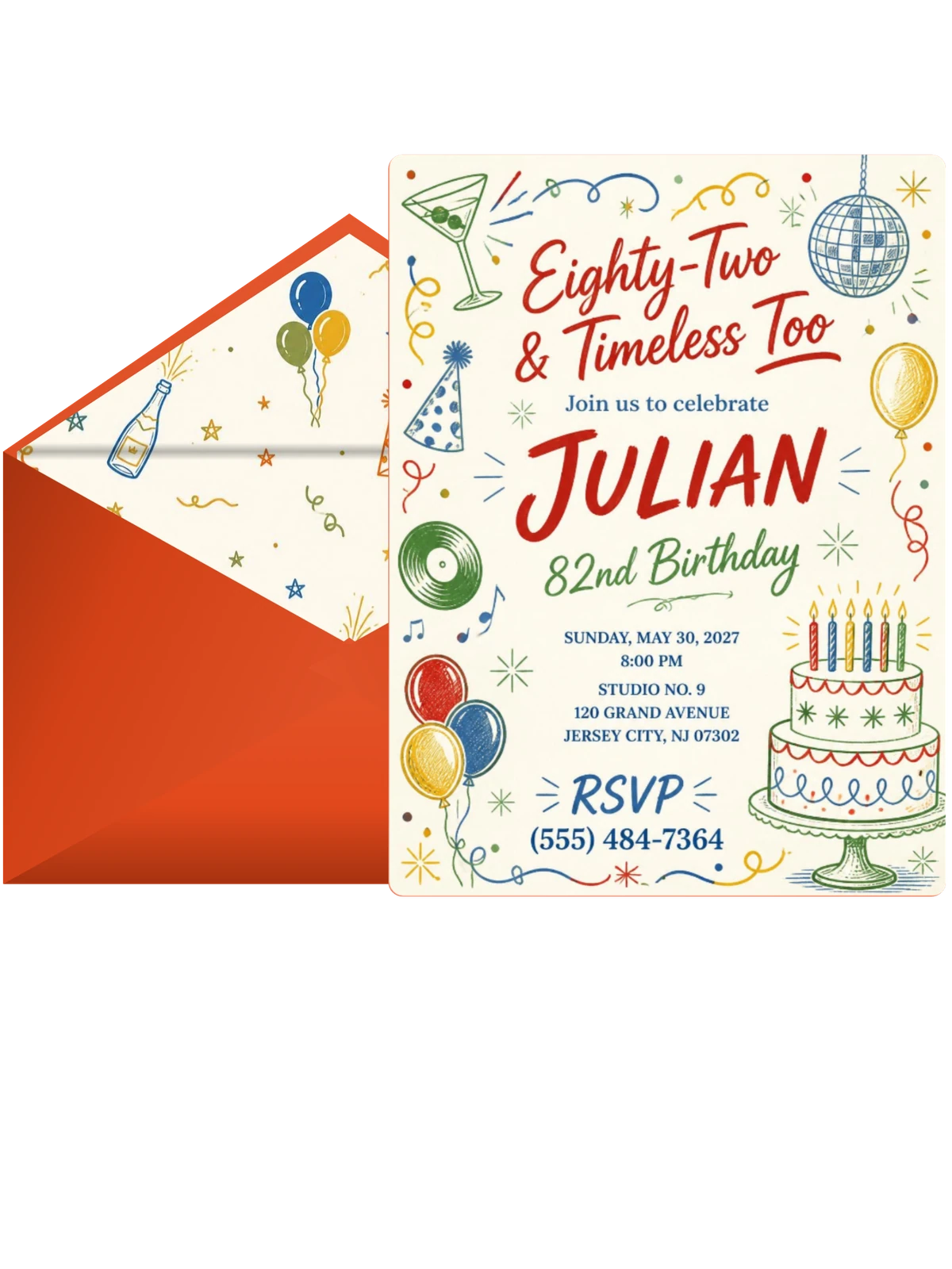 Retro Doodle 82nd Birthday Invitation