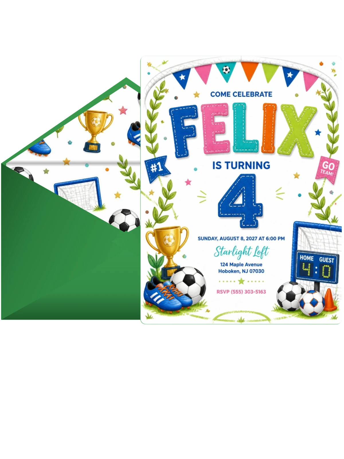 Stitched Soccer 4th Birthday Invitation