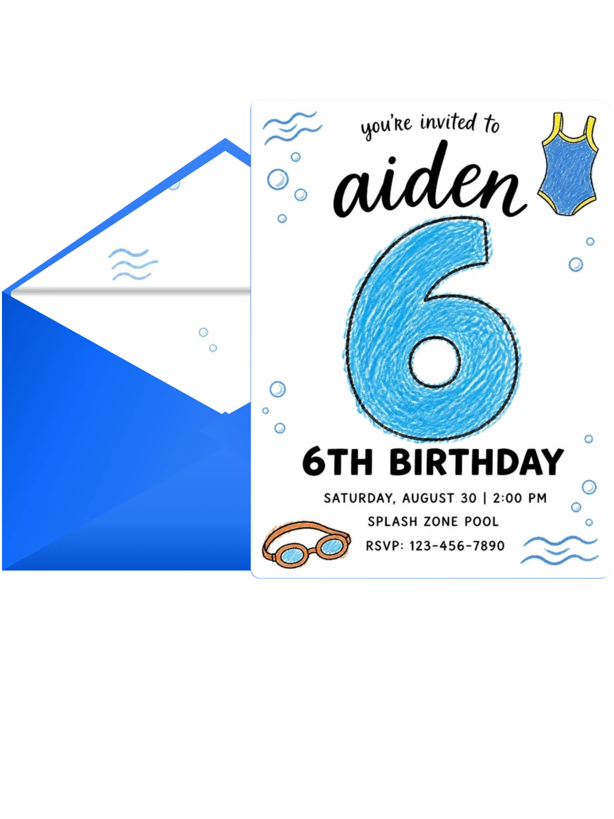 Crayon Blue Swim 6th Birthday Invitation