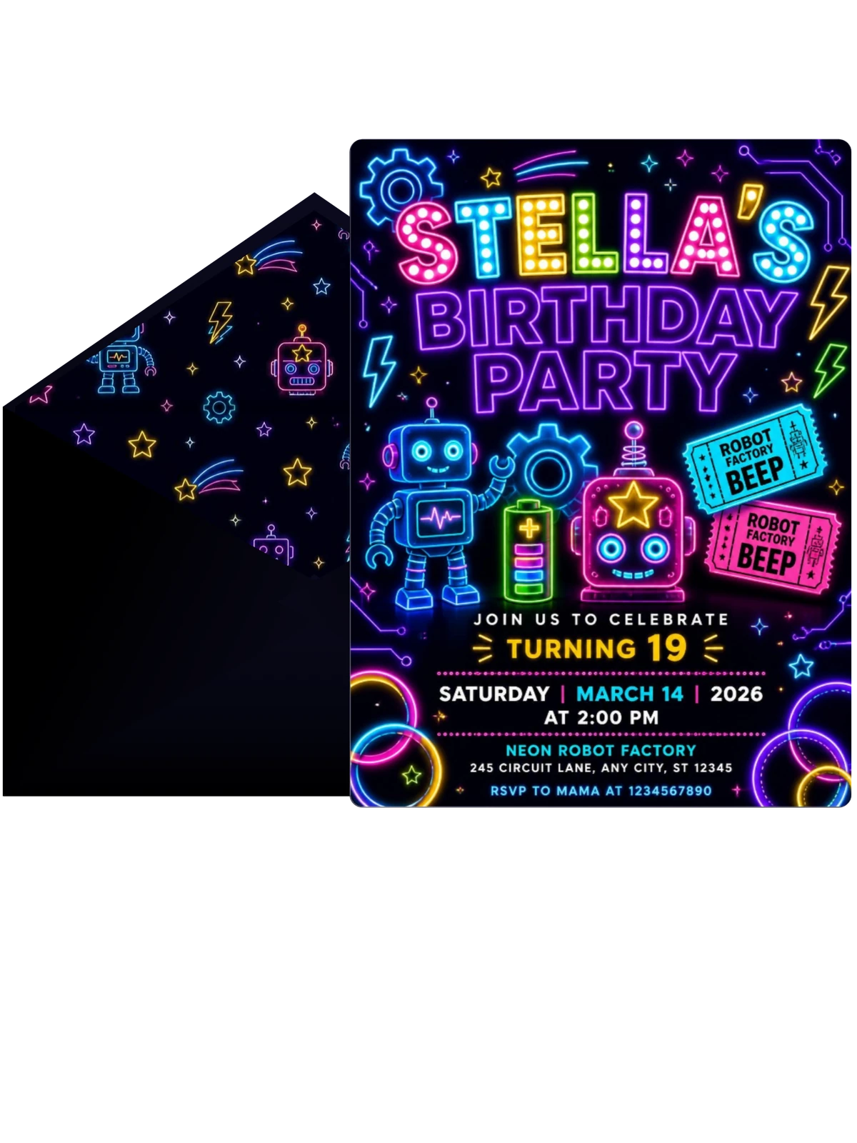 Neon Robots 19th Birthday Invitation