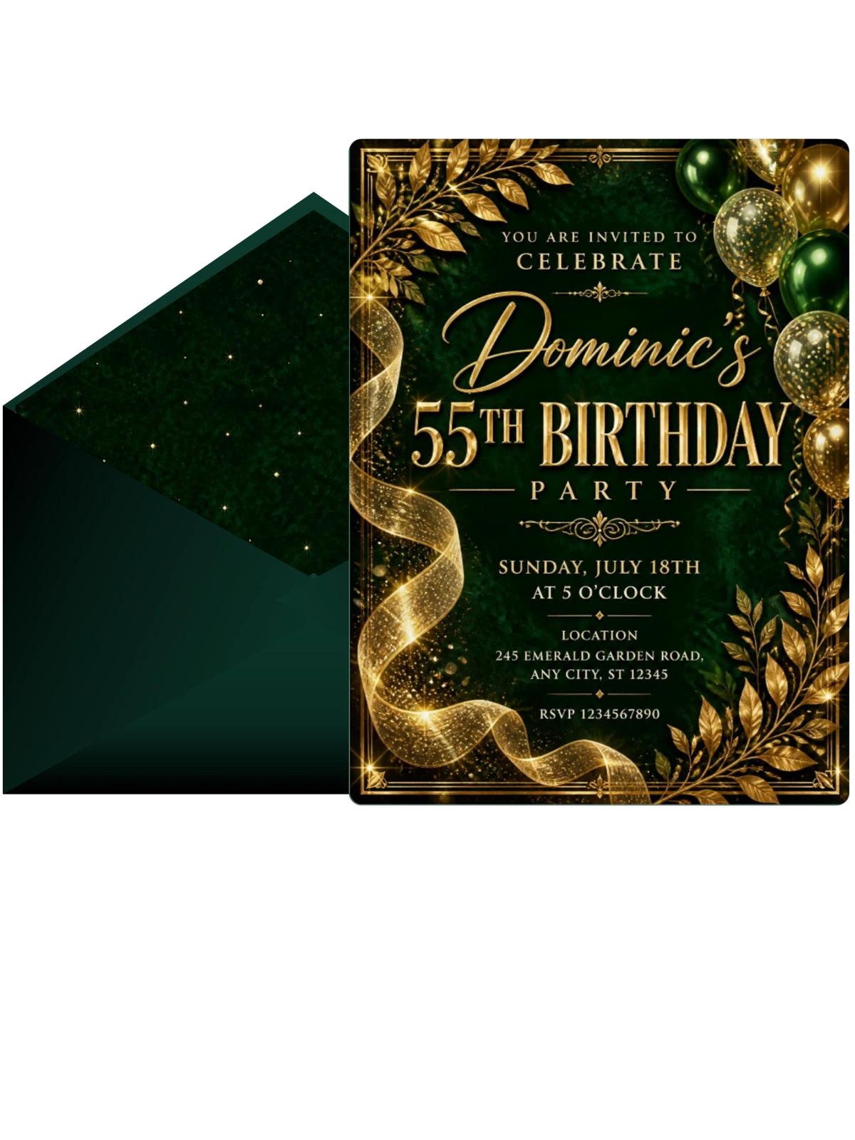 Emerald and Champagne 55th Birthday Invitation